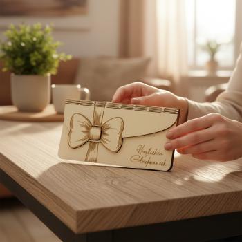 Holz‑Umschlag mit Schriftzug „Herzlichen Glückwunsch“, sauber gelasert, dekorative Geschenkverpackung für Geld oder Widmungen